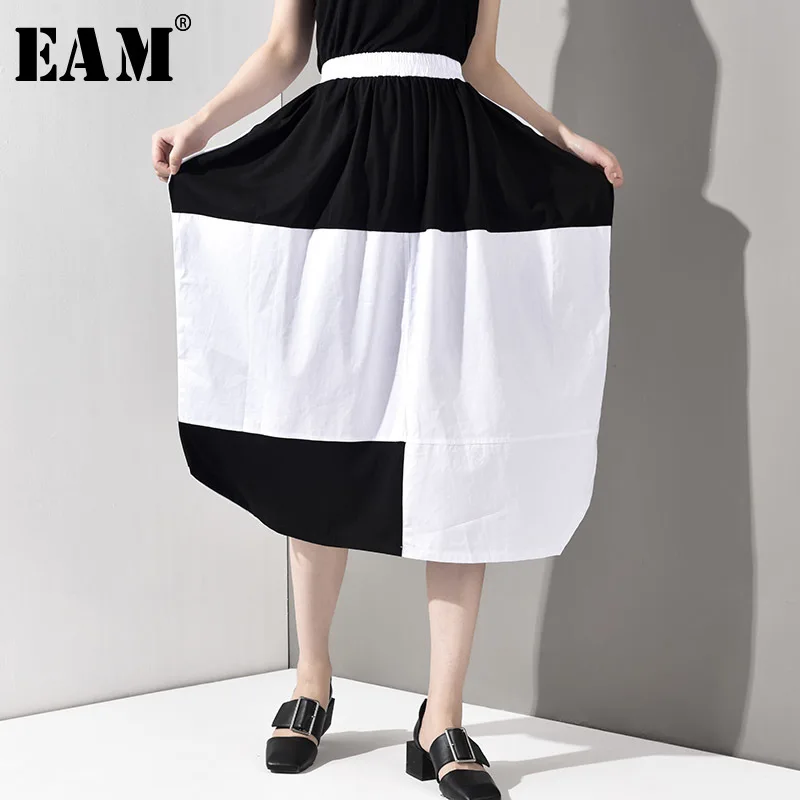 

[EAM] 2019 New Spring Summer High Elastic Waist Black Hit Color Split Joint Personaity Half-body Skirt Women Fashion Tide JW0410