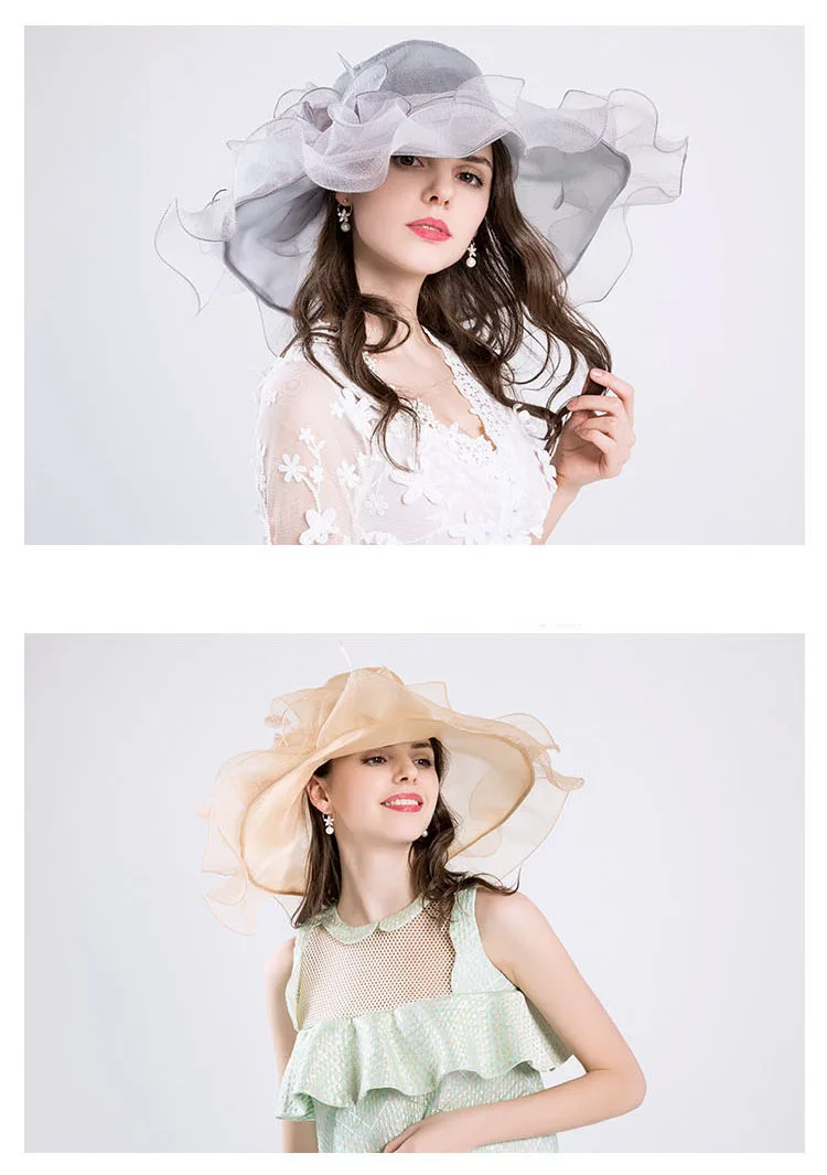 FS Винтаж Кентукки шляпа котелок для женщин лето пляж большой цветок органза Защита от Солнца шляпа складная с широкими полями Fedora Chapeu Feminino