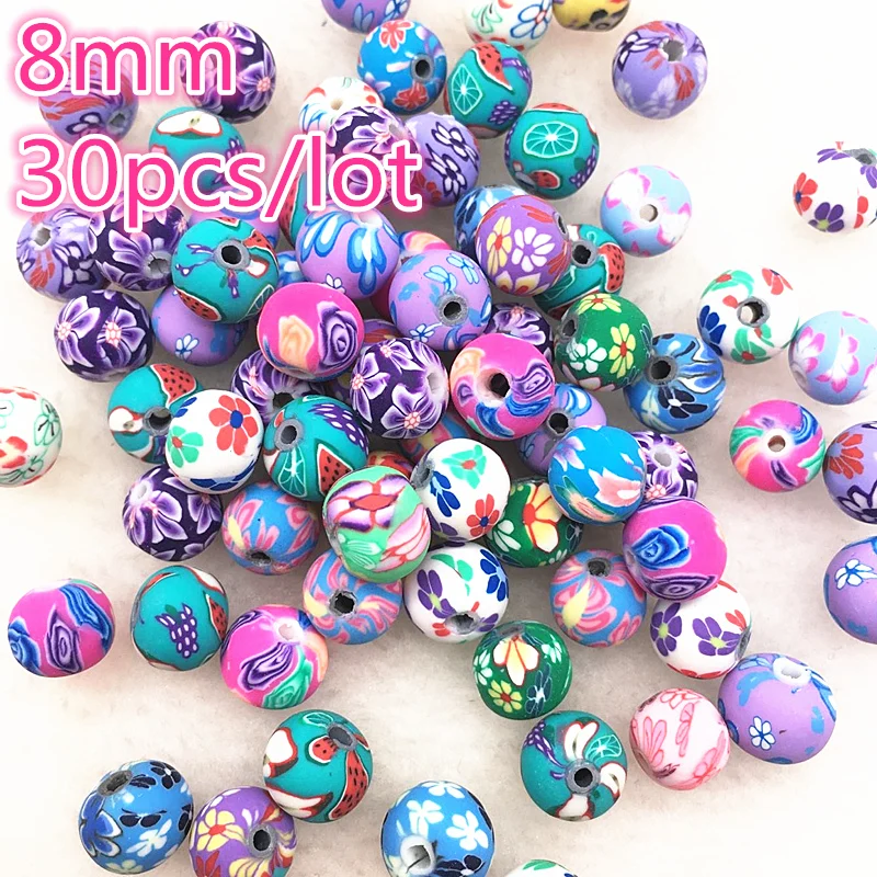 

30pcs 8mm Fimo Polymer Clay Flower Pattern Printing Mix Colors Beads Round Spacer Loose Beads for Making Jewelry