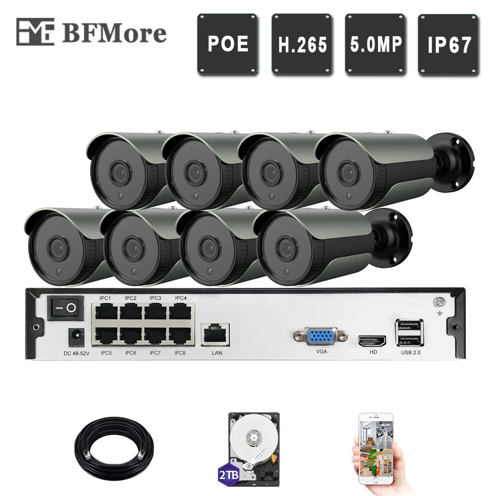 BFMore 8ch 5.0MP 4.0MP POE Комплект H.265+ H.265 Системы видеонаблюдения до 16ch NVR IP Камера Открытый ИК Ночное видение наблюдения