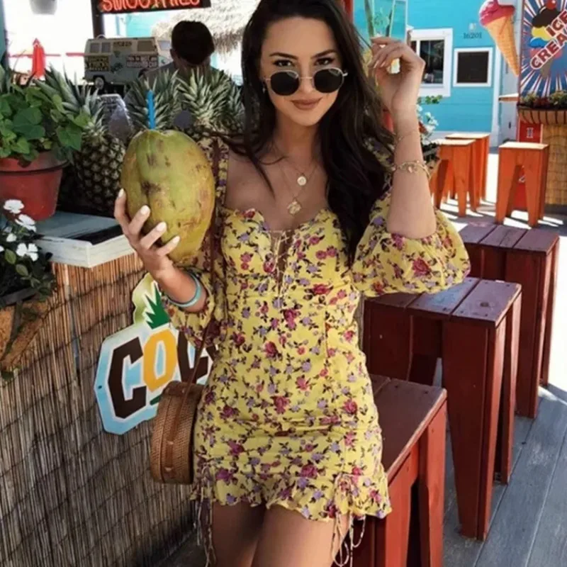 

He and Chow Shivering Floral Adjustable Lace-up Bow Long Sleeve Women Sexy Yellow Dress Vestidos Trumpet / Mermaid