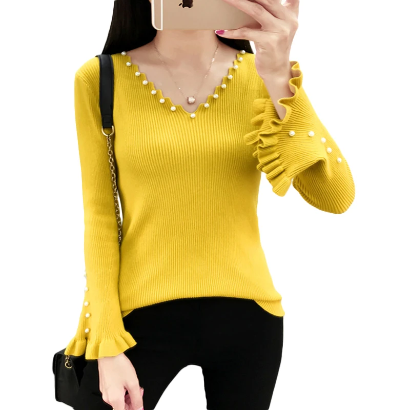 Pearls Beading Knitted Sweaters 2018 New Autumn Winter Women Slim V-Neck Flare Sleeve Cute Pullovers Female Tops 8 Colors D415 | Женская