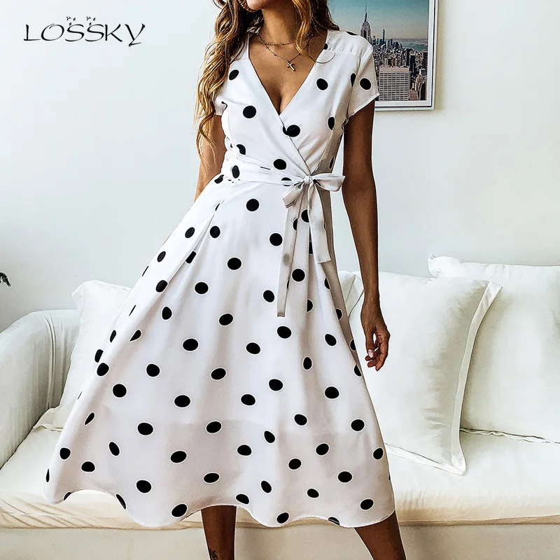 Tanie Lossky sukienki letnie w stylu na co dzień sukienka groszki Party sukienki Sexy dekolt w serek z krótkim rękawem long sukienka moda summer white dress 2019 sukienki na lato biała