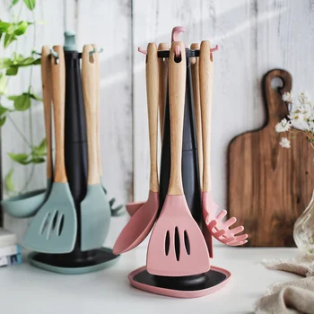 

Silicone Spatula Turner Non-stick Spatula Scraper Shovel Noodle Soup Spoon Wooden Handle Home Kitchen Baking Tools Set + Holder