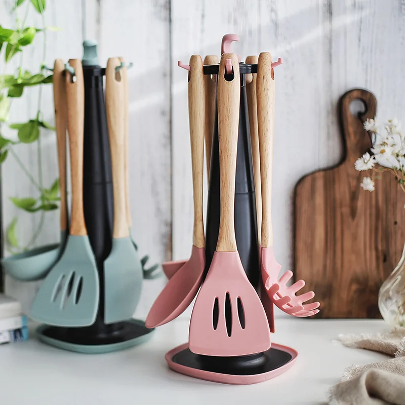  Silicone Spatula Turner Non-stick Spatula Scraper Shovel Noodle Soup Spoon Wooden Handle Home Kitch