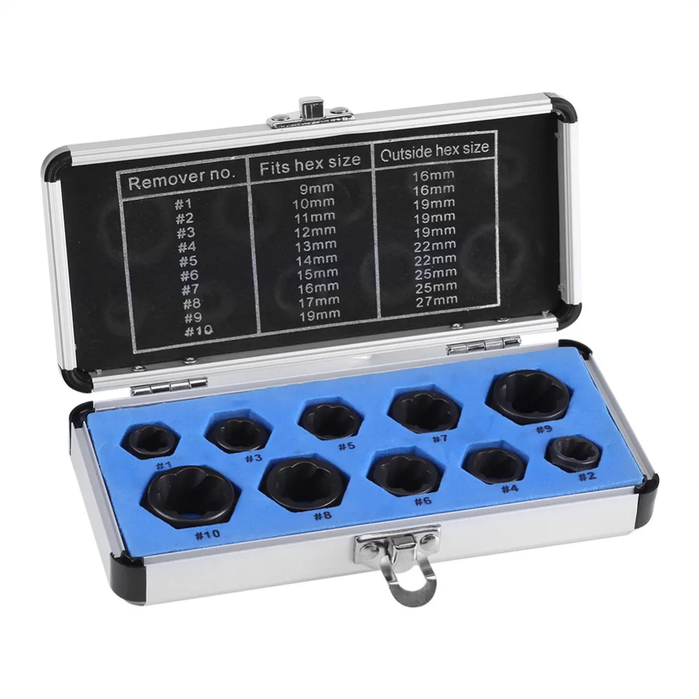 

10Pcs/set Damaged Bolt Nut Screw Remover Extractor Removal Set Nut Removal Socket Tool Threading Tools Kit Toolbox