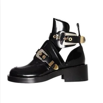 

Leather Western Boot Woman Chunky Heel Two-tone Buckles Boots For Woman Ridding Boots Outside Motorcycle Bootie