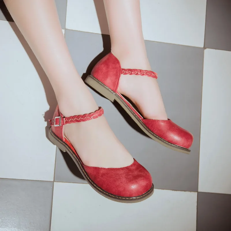 Odetina Новая Мода Женщины Повседневная D'Orsay обувь плоская удобная пряжка ремешок на лодыжке Повседневные балетки с круглым носком - Цвет: Красный