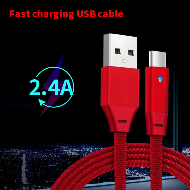 

2.4A LED Type C USB Sync Data Charging Cable For iPhone 7 8 X XS XR Nylon Braided Micro USB Cable For Samsung Huawei Phone Cable