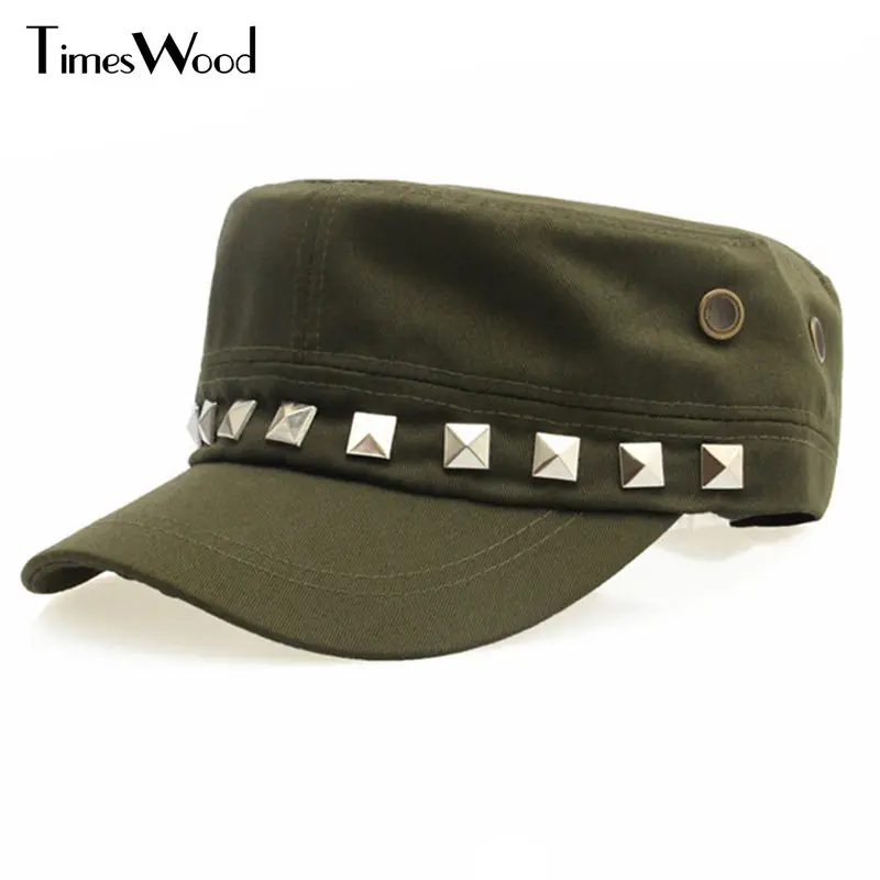 [TIMESWOOD] New Cotton Military Caps Rivets Ladies Breathable Hat Amry Green Black Color Women