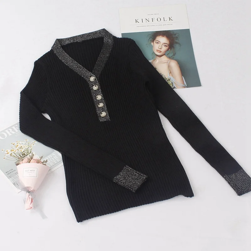 GIGOGOU, блестящий женский свитер с v-образным вырезом и люрексом, осенне-зимний теплый пуловер, джемпер, модный сексуальный базовый женский свитер - Цвет: black 869