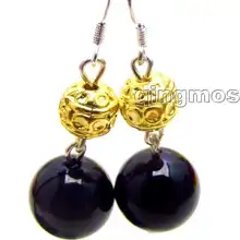 10 мм черный высококачественный круглый камень и GP Бусины Болтаются earring-ear352