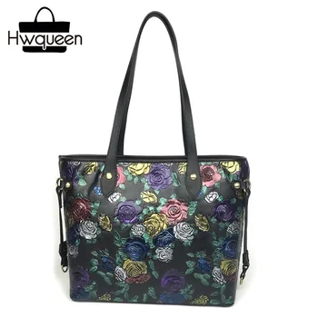 

Embossing Floral Pattern Genuine Cow Leather Lady Totes Zipper Closure Female Top-Handle Handbag Woman Single Shoulder Bag