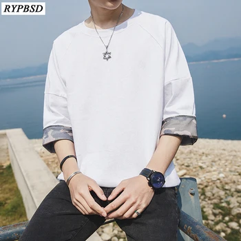 

Summer 7 Points Sleeve Round Neck Loose Korean Style Half Sleeves Black White Plain T Shirt Men 2 Colors Oversize T Shirt