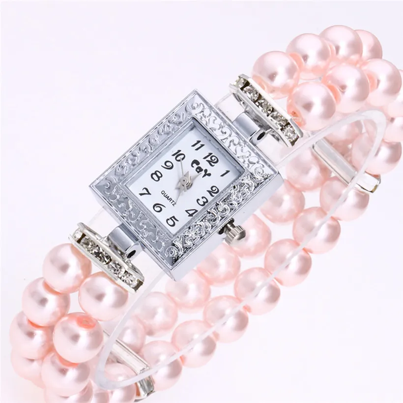 Montre femme Fashion Women Casual Pearl String Watch Strap Quartz Wrist Square Watch luxury ladies wristwatches hours