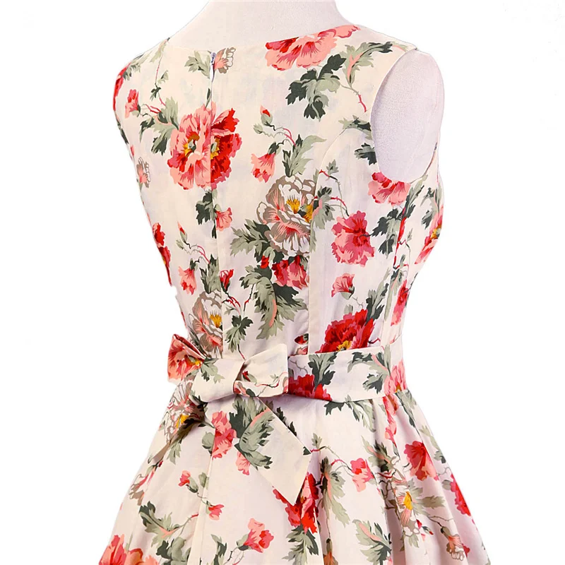 Kostlish Elegant Print Flower Summer Dress Women 2017 Big Swing 50s Vintage Dress Cotton Sleeveless Rockabilly Dresses Sundress (7)