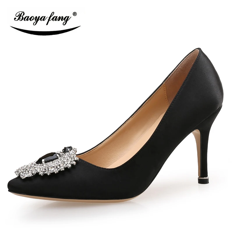 

BaoYaFang Brand Satin 8cm thin heel Womens Party dress shoes Pointed toe woman wedding shoes Bride female shoes