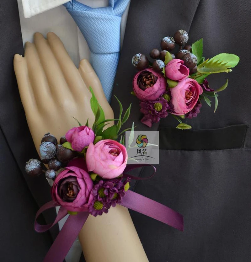 

1Piece Wedding Corsage Groom Boutonniere Bride Bridesmaid Women hand Wrist Flower Artificial Flowers Corsages Wedding Supplies