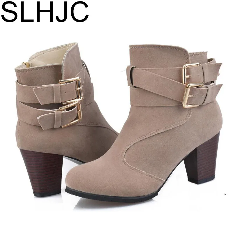 SLHJC Women Boots Leather High Heel Ankle Boots Women Fashion Square Heel Casual Autumn Winter Rubber