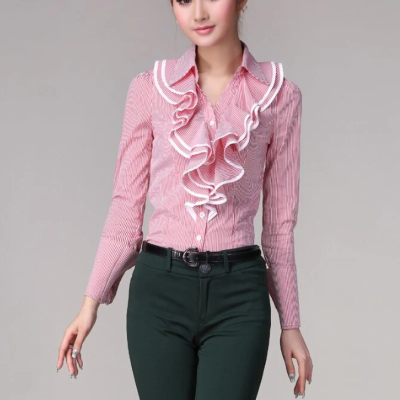 Red White Stripe Blouse Shirts Ruffles Trim Women Elegant