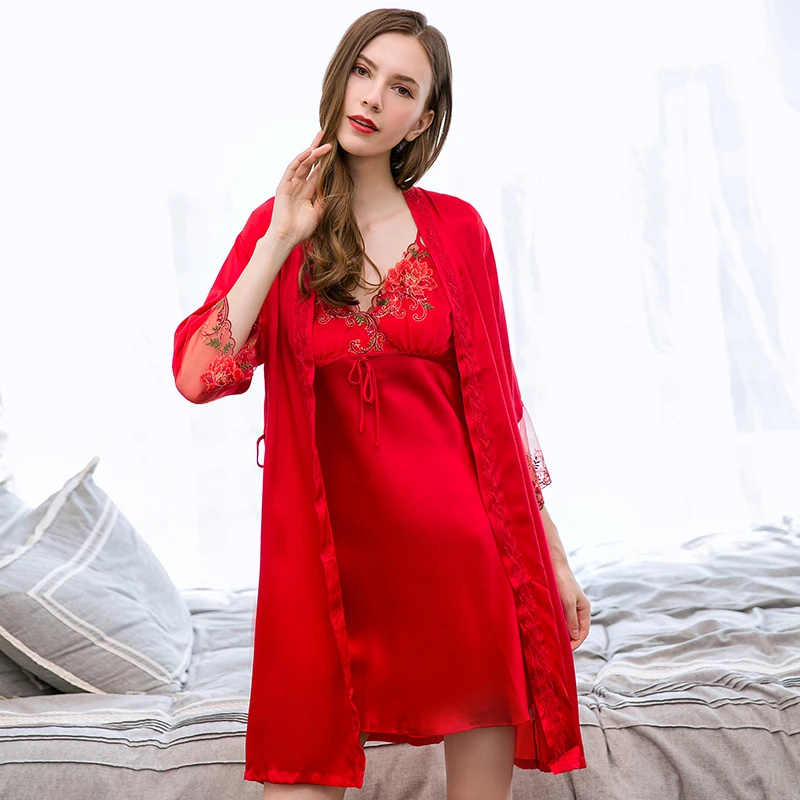 

100% Real Silk Robe and Nightgown Set For Women Lace Embroidery Natural Silk Sleepwear 2 pieces Red Silk Robes Set