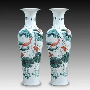 1 piece Chinese Style Pure Handpainted Lively lian nian you yu Ceramic Large Floor Vase Company Office Pocealin Decoration 1