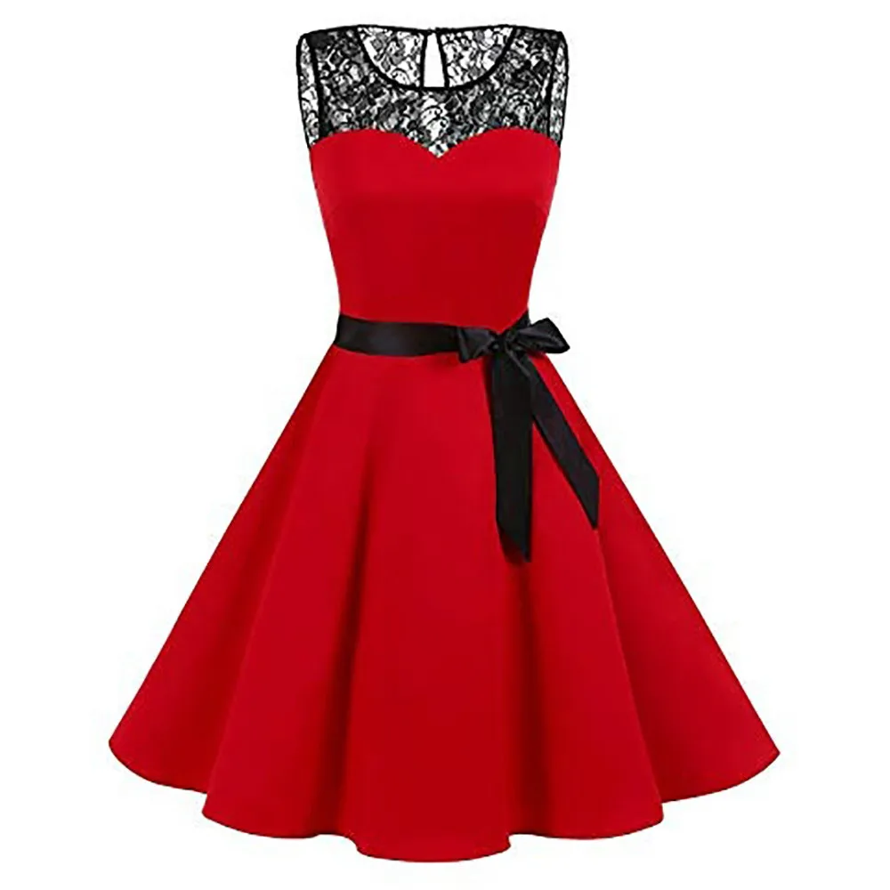 

2018 Fashion Summer Dress Female Women Sleeveless Solid Lace Hepburn Vintage Swing High-Waist Pleated Dress Robe Vestidos