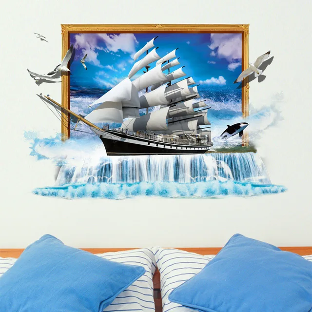 Cheap Modern home dining room bedroom study window sticker 3D ocean sailing off gull wall sticker vinyl landscape mural on the wall Cheap Modern home dining room bedroom study window sticker 3D ocean sailing off gull wall sticker vinyl landscape mural on the wall