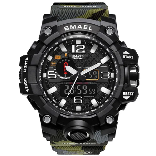 Военные часы армейские водонепроницаемые мужские SMAEL оригинальные роскошные светодиодный часы с будильником 1545 спортивные часы с большим циферблатом и хронографом - Цвет: CamoArmyGreen