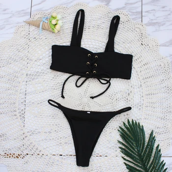 

Bikini 2018 Swimwear Women Swimsuit Low Waist Blzck White Thong Bikinis Set Push Up Women Bandeau Biquini Bathing Suit Brazilian