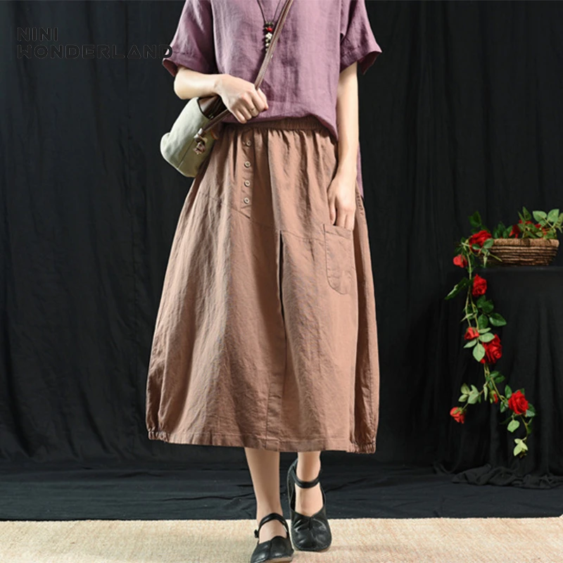 

NINI WONDERLAND Women Cotton Linen Skirt 2019 Solid Classic A Line Skirts Female Big Size Vintage Skirt Elastic Waist Casual