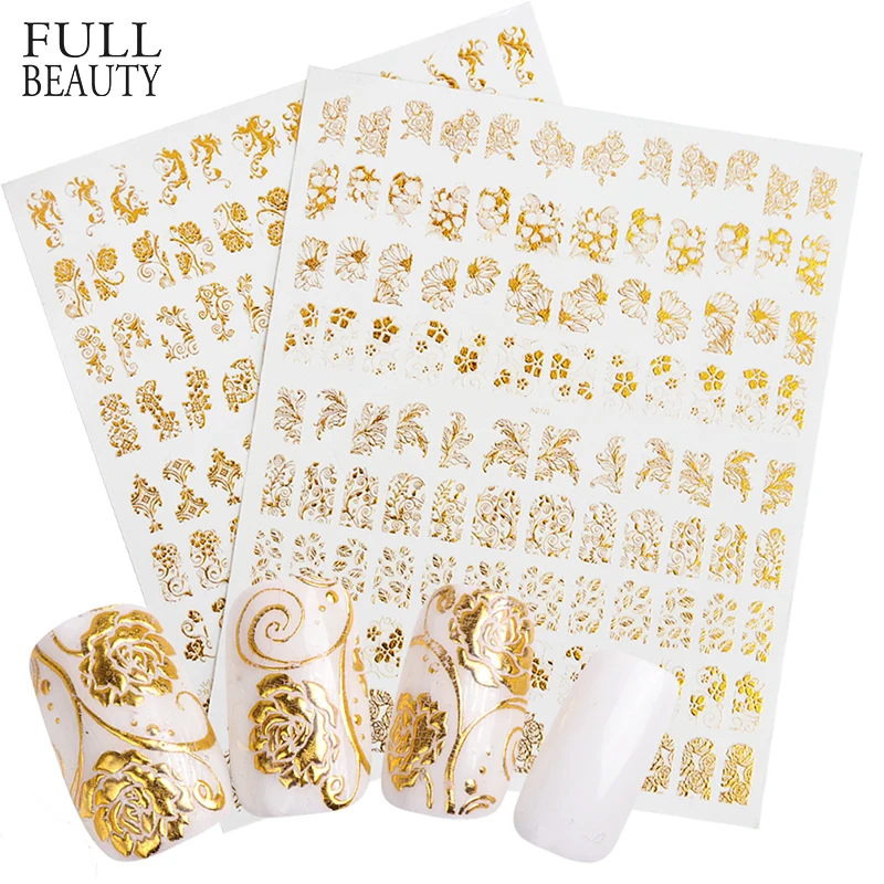 Полная красота 1 шт золотые рельефные 3D наклейки для ногтей металлические Смешанные Цветочные узоры для ногтей художественные талисманы клейкие Наклейки для декора CHAD101/102