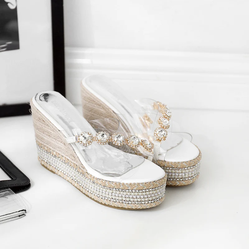 

2019 Women Summer Crystal 10.5cm High Heels Sandals Slides Pearl 4.5cm Platform Wedges Slippers Transparent Luxury Shoes YCH-17