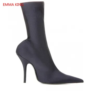 

2018 New Stretch Women Martin Boots Pointed Toe Slip On High Heels Shoes Autumn Winter Satin Woman Ankle Boots Socking Botas