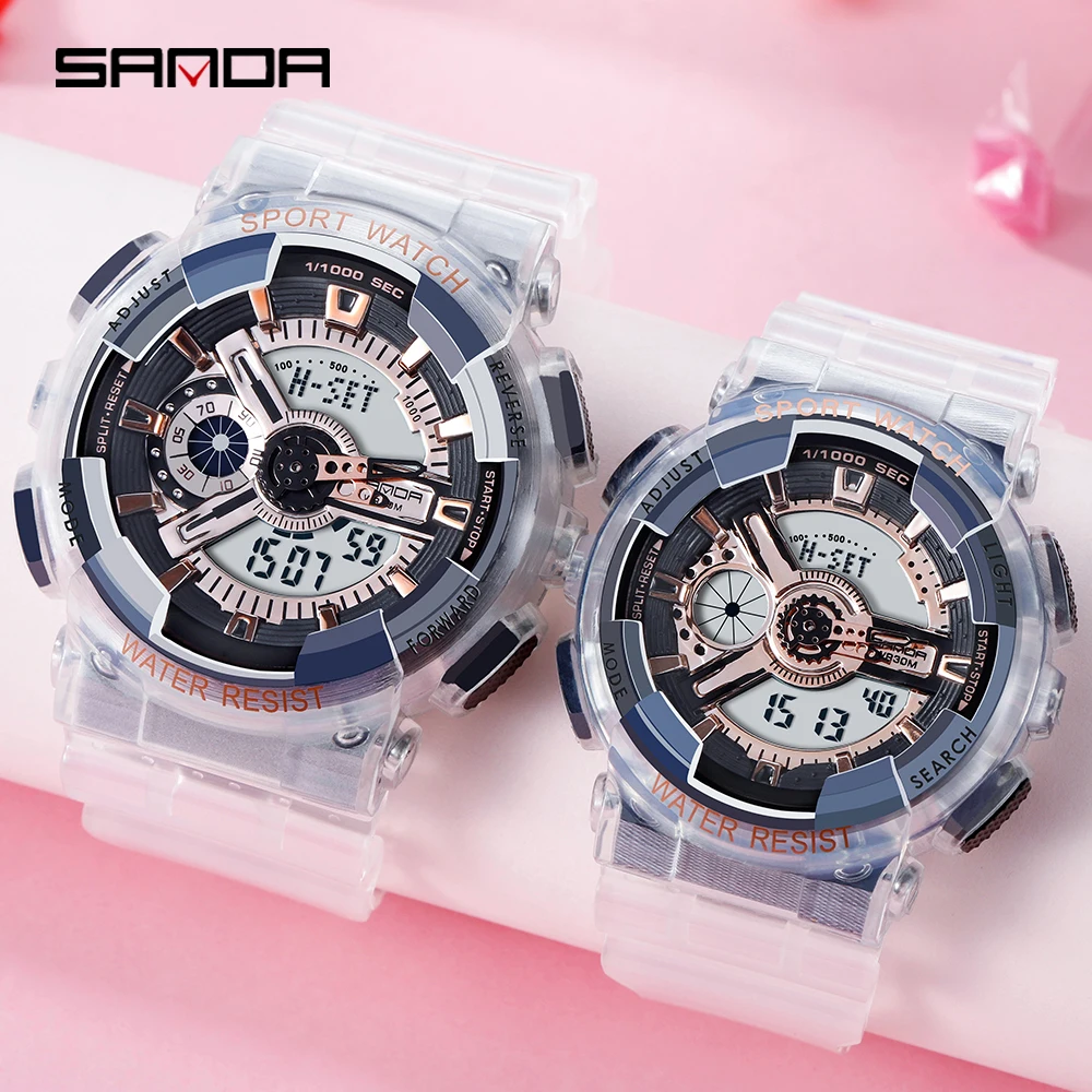 

SANDA Transparent Couple Watch LED Digital Sport Wristwatch for Men Women Multi-function Waterproof Lover Watches Student Clock