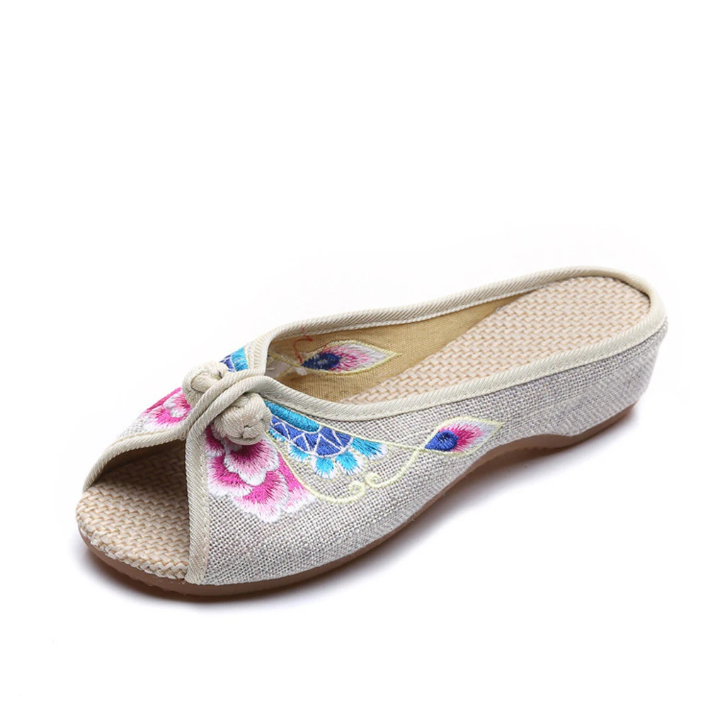 Винтажные летние женские тапочки; Новинка; льняные сандалии с вышивкой в этническом китайском стиле; Повседневная Женская парусиновая обувь на низком каблуке; Sandalias Mujer - Цвет: Бежевый