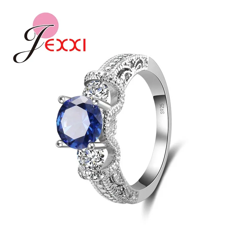 

Simple Style Women Anniversary Rings 925 Sterling Silver Blue Cubic Zircon Crystal Bridal Wedding Engagement Finger Ring