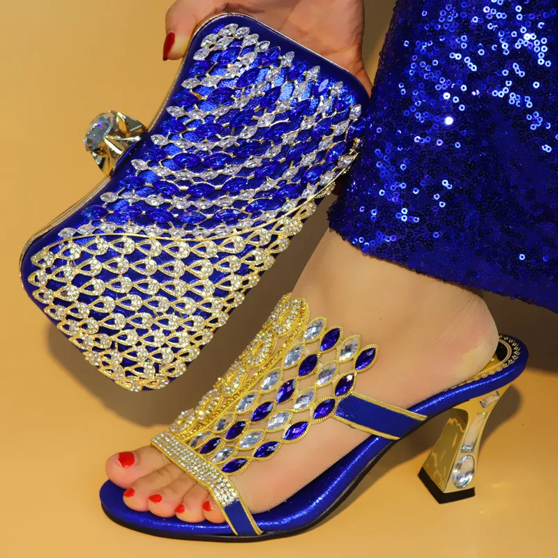 

New Blue Color Matching Italian Shoe and Bag Set African Matching Shoes and Bags Italian In Women Nigerian Royal Shoesfor Party
