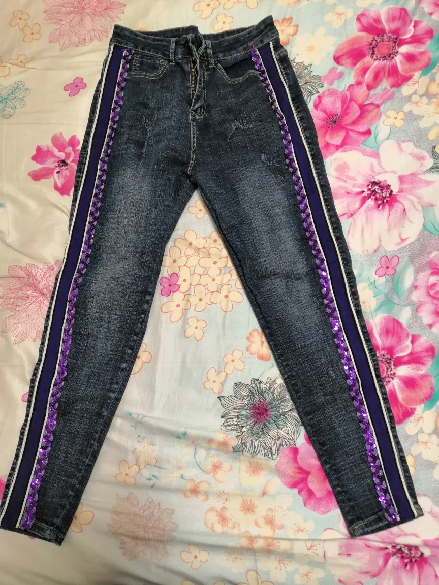 Размера плюс 4XL! Весенне-осенние модные новые женские джинсы с высокой талией, с блестками, лоскутные обтягивающие джинсы