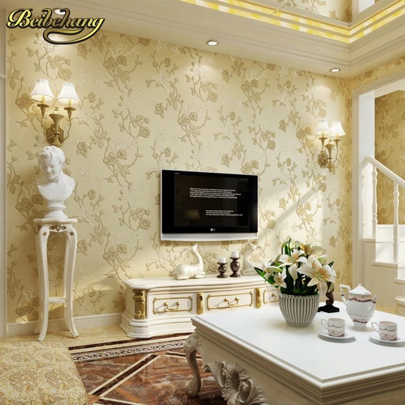 

3D wall sticker luxury nonwoven metal Flock Floral Damask Wallpaper modern design wall paper texture Vintage Wallpaper roll 10 M