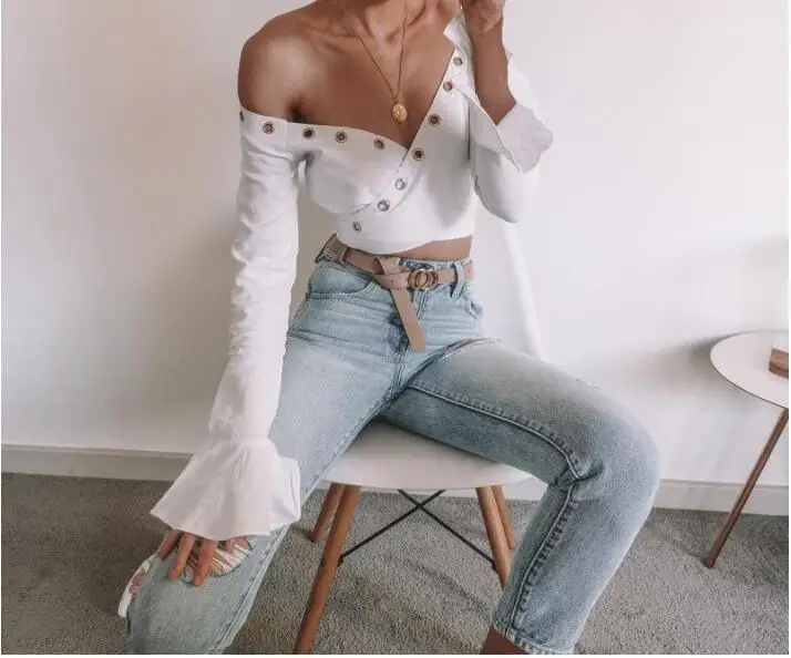 

Sexy T-Shirt Women Hollow out Autumn Flare Sleeve Deep V-Neck Long Sleeve Lady Shirts Casual Crop Tops For Female