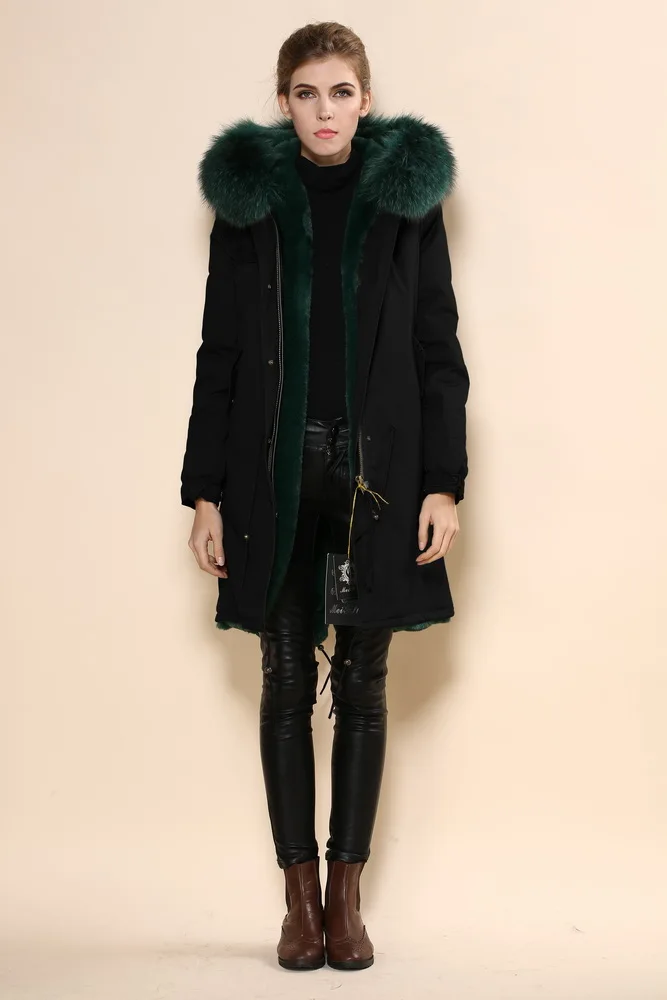 Women Mr Furs Real Natural Faux Fur Lining Overcoat Coat Jacket Parka with Genuine Fur Collar
