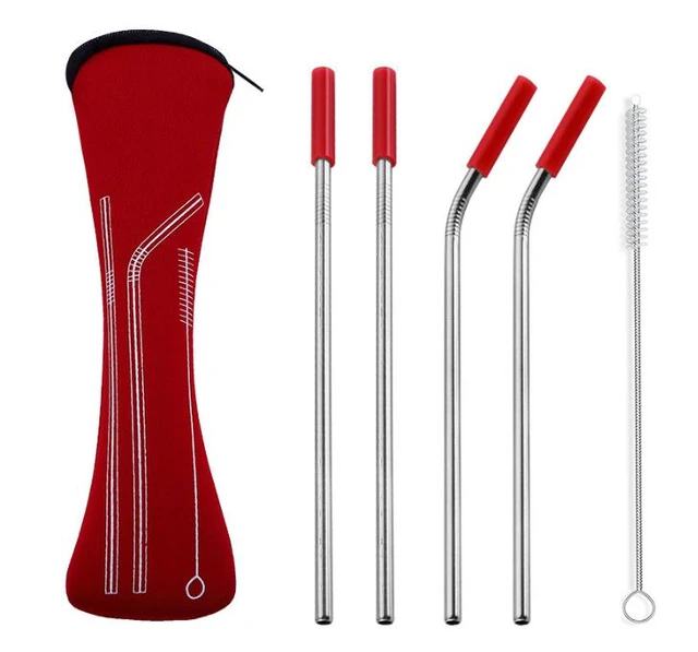 Stainless Steel Straws With Silicone Tips & Cleaning Brush 4 Pcs