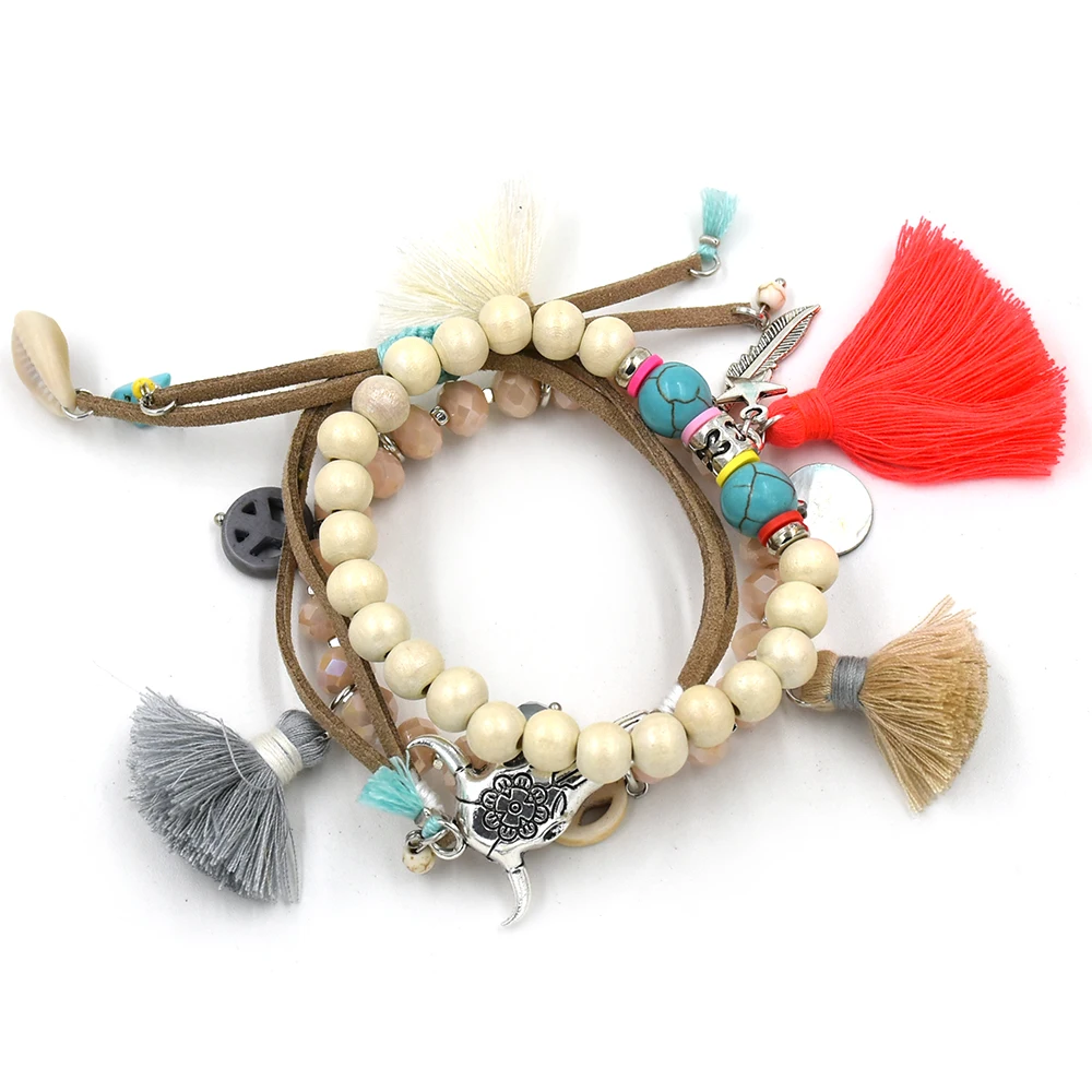 New Bohemia Boho Chic beaded bracelet pink tassel charms bracelet multi layers colorful beaded chain tauren Bracelets for women