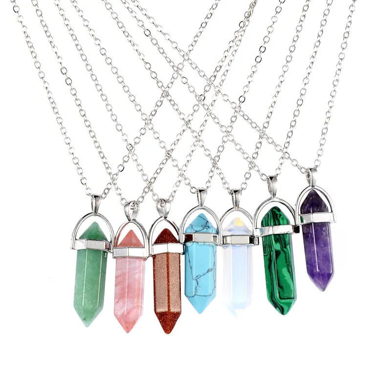 

Hexagonal Column Natural Stone Choker Necklaces Women Silver Chain Crystal Pendant Necklace Female Wedding Jewelry Party Gift