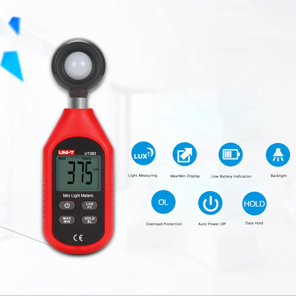 Uni-t UT383 Цифровой Люксметр измеритель освещенности Lux/FC измерительный прибор люменометр фотометр 200000 люкс