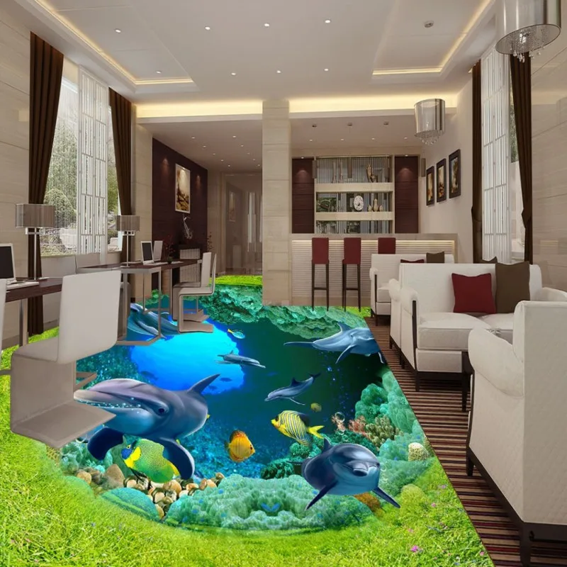 

Free Shipping Grassland Ocean World Dolphin Coral 3D Floor Painting Self-adhesive shopping mall children room mural wallpaper