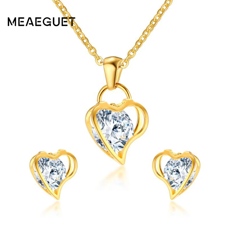 

Hollow Heart Inside AAA+ CZ Stone Jewelry Set Necklace and Stud Earrings for Women Wedding Party