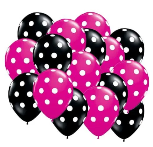 

20pcs/bag 12 inch Polka Dot latex helium Balloons Premium Black and Berry Hot Pink with All-Over Print White Dots latex balls