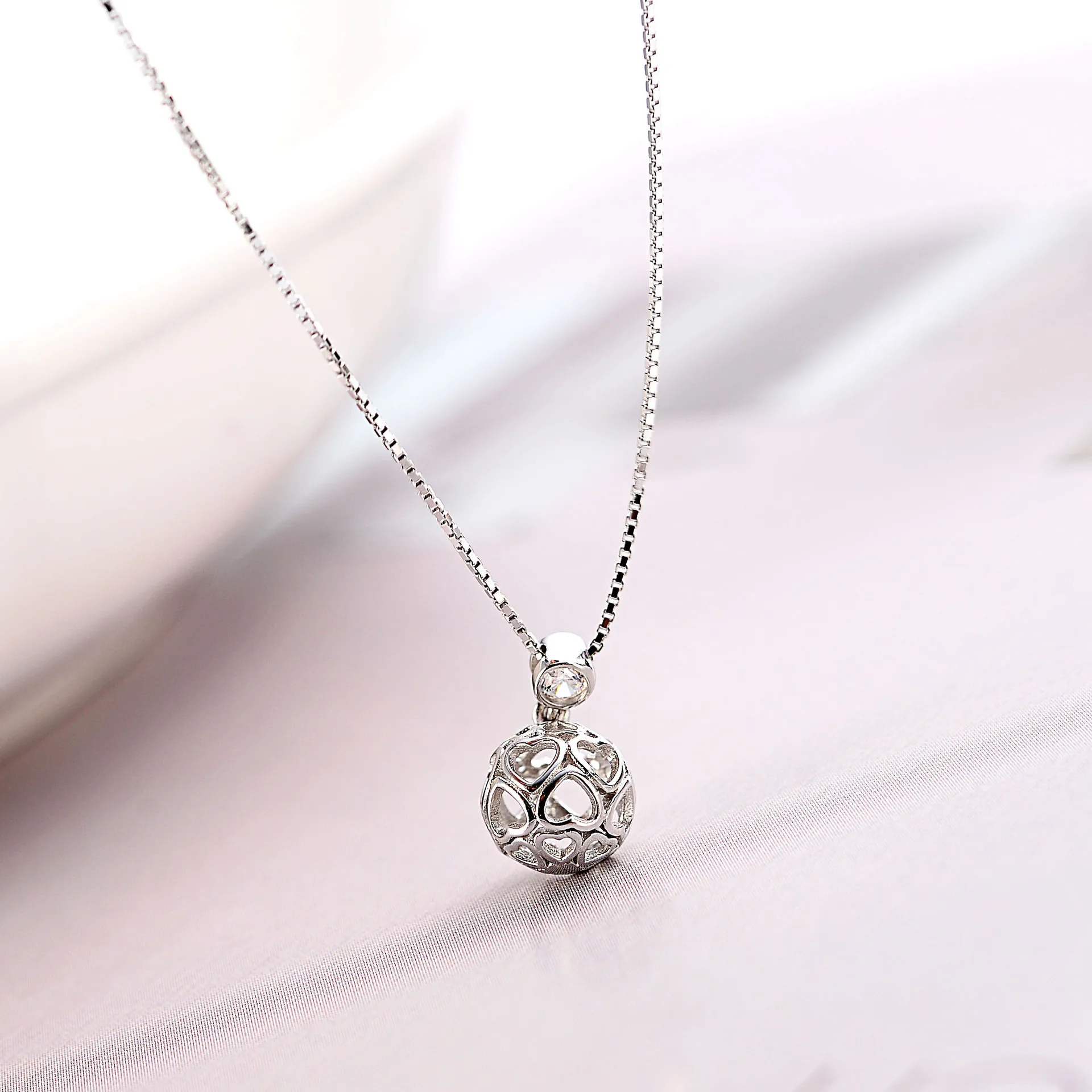 hollow heart ball cubic zircon necklace 100% 925 Sterling silver nacklace Jewellery Clavicle chain pendant charms gift